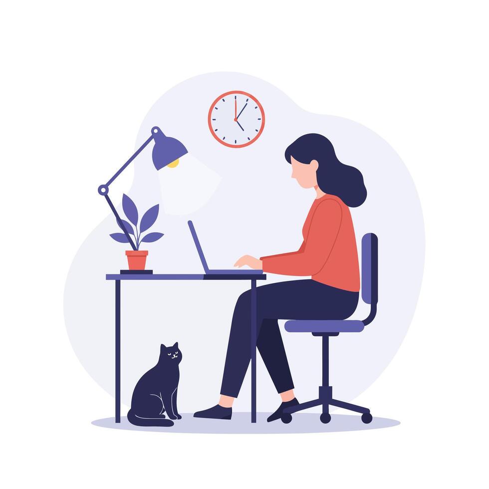 Woman working at desk with cat in minimal flat illustration vector