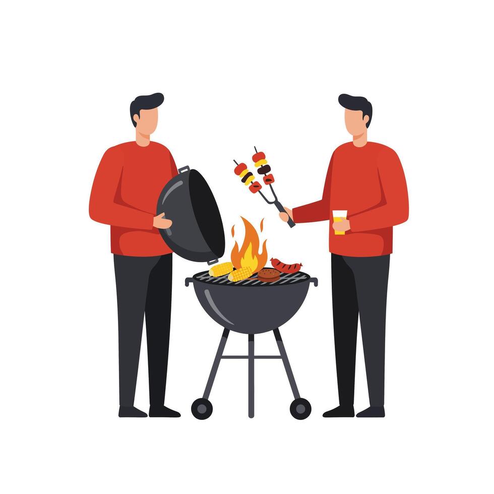 Two friends enjoying a barbecue with grilling food in flat art vector