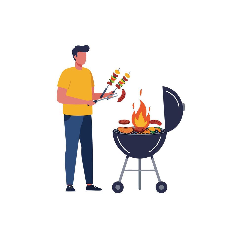 Grilling delicious food on a barbecue in flat art style vector