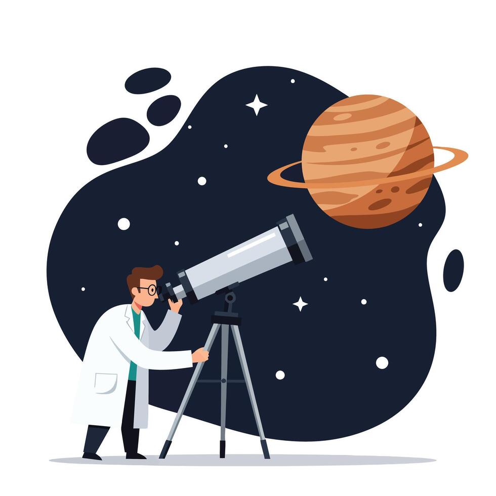 Scientist observing planet through telescope in flat art style vector