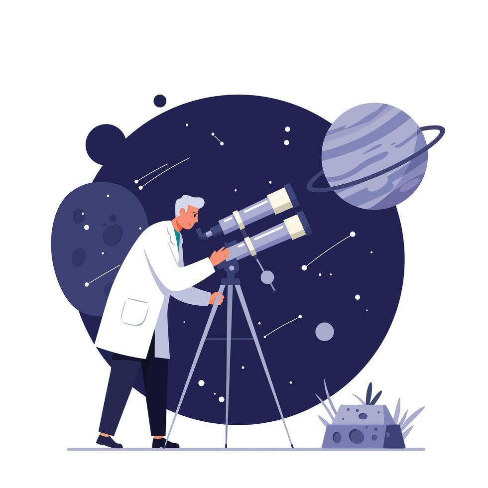 Scientist observing planets through telescope in minimal illustration vector