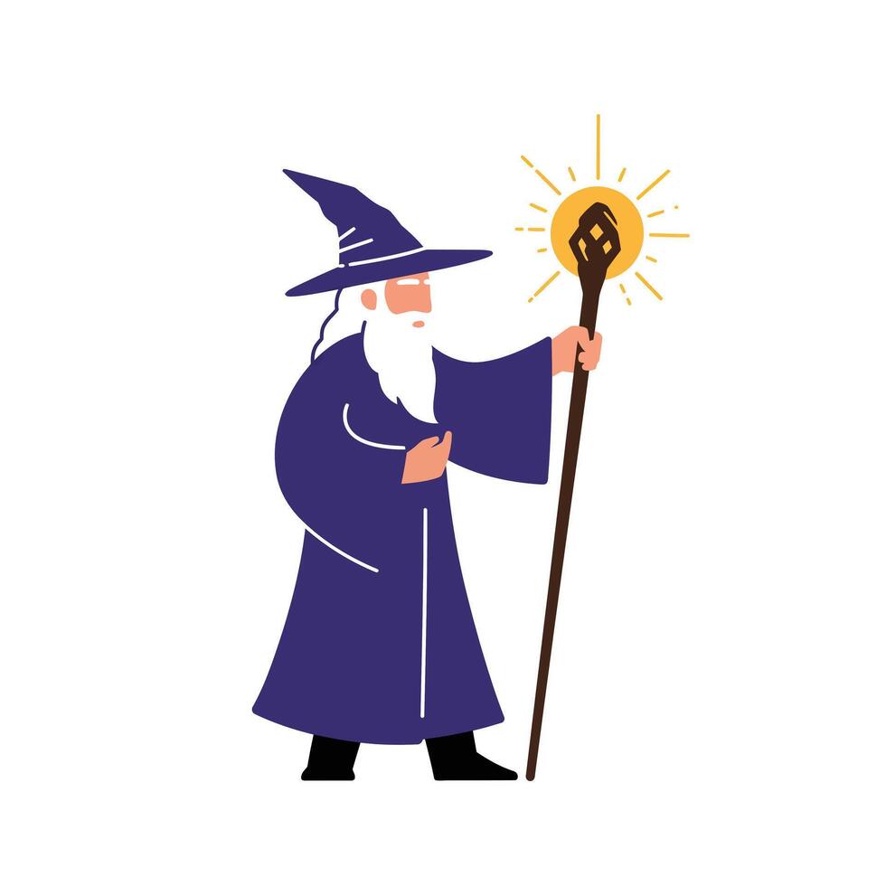 Wizard character holding a glowing staff in flat art style illustration vector