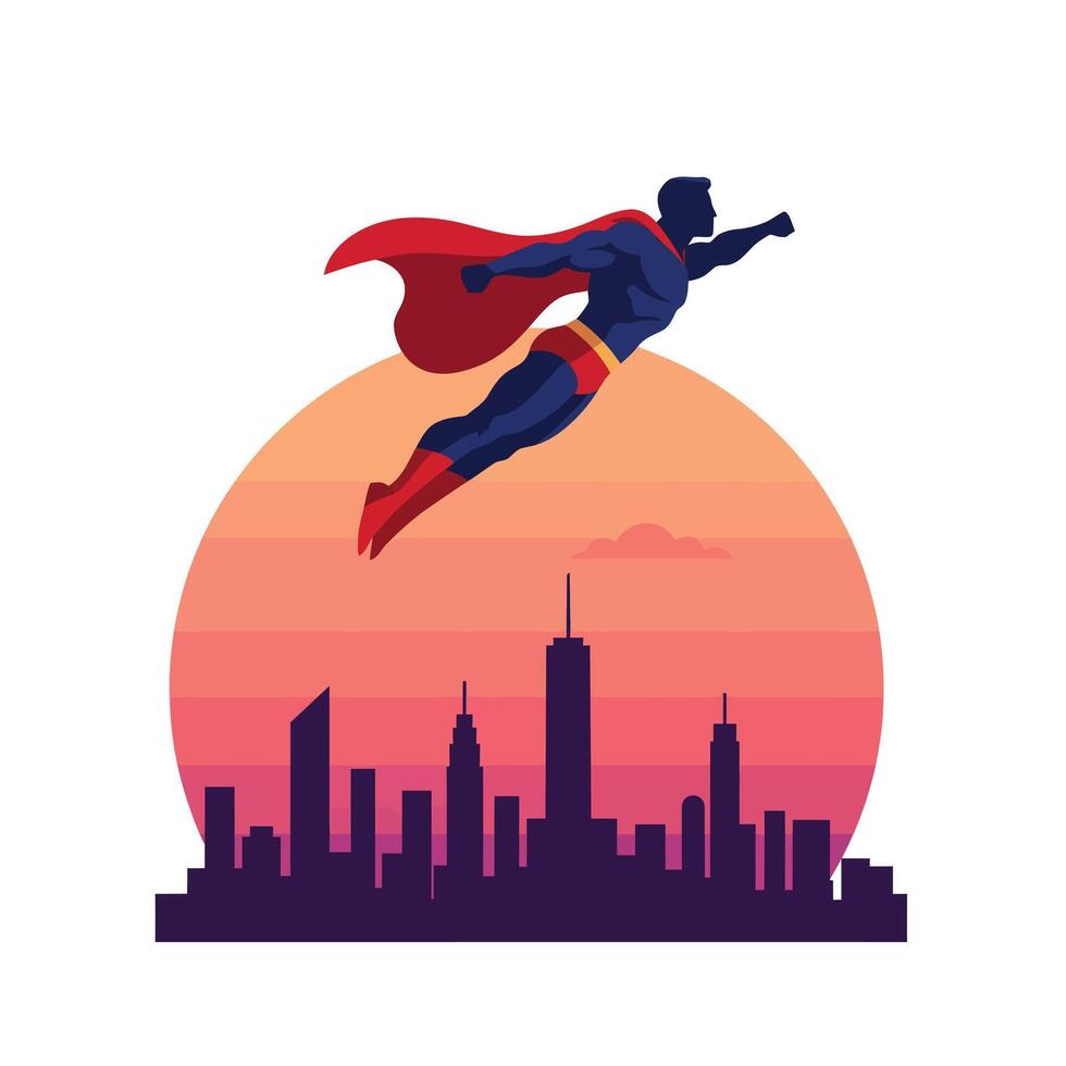 Superhero flying over city skyline in flat art style vector