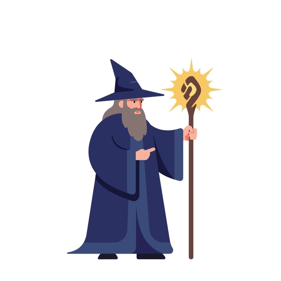 Wizard character in blue robe with staff and glowing symbol flat art vector