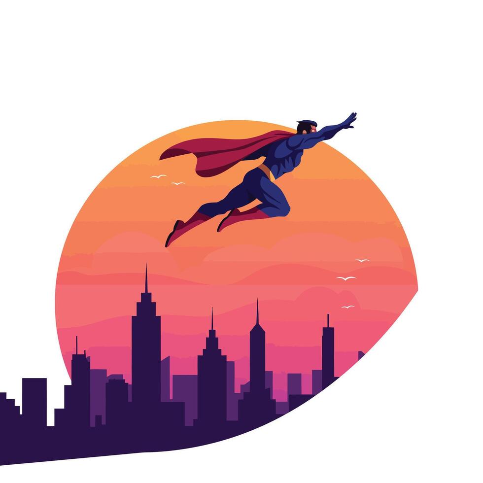 Superhero flying above a city skyline in vibrant flat art vector