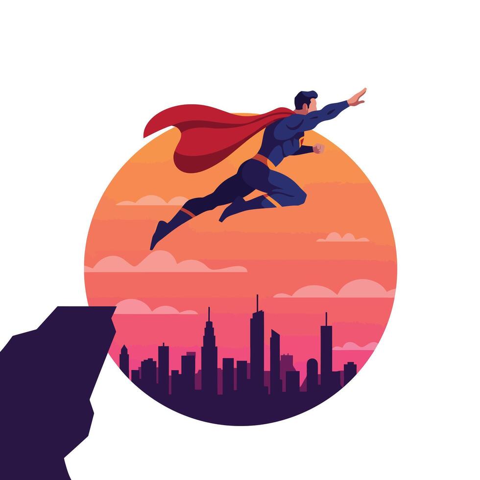Heroic figure soaring into the sunset in flat art style vector