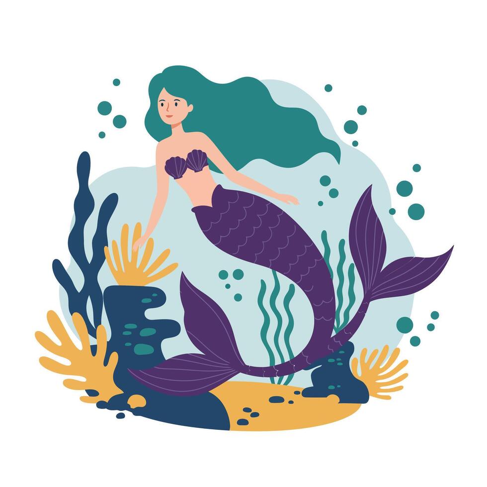 Mermaid swimming gracefully through underwater scenery in flat art vector