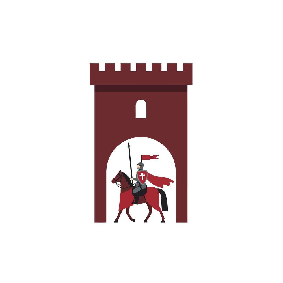 Knight on Horseback Passing Through Castle Gate in Flat Art vector