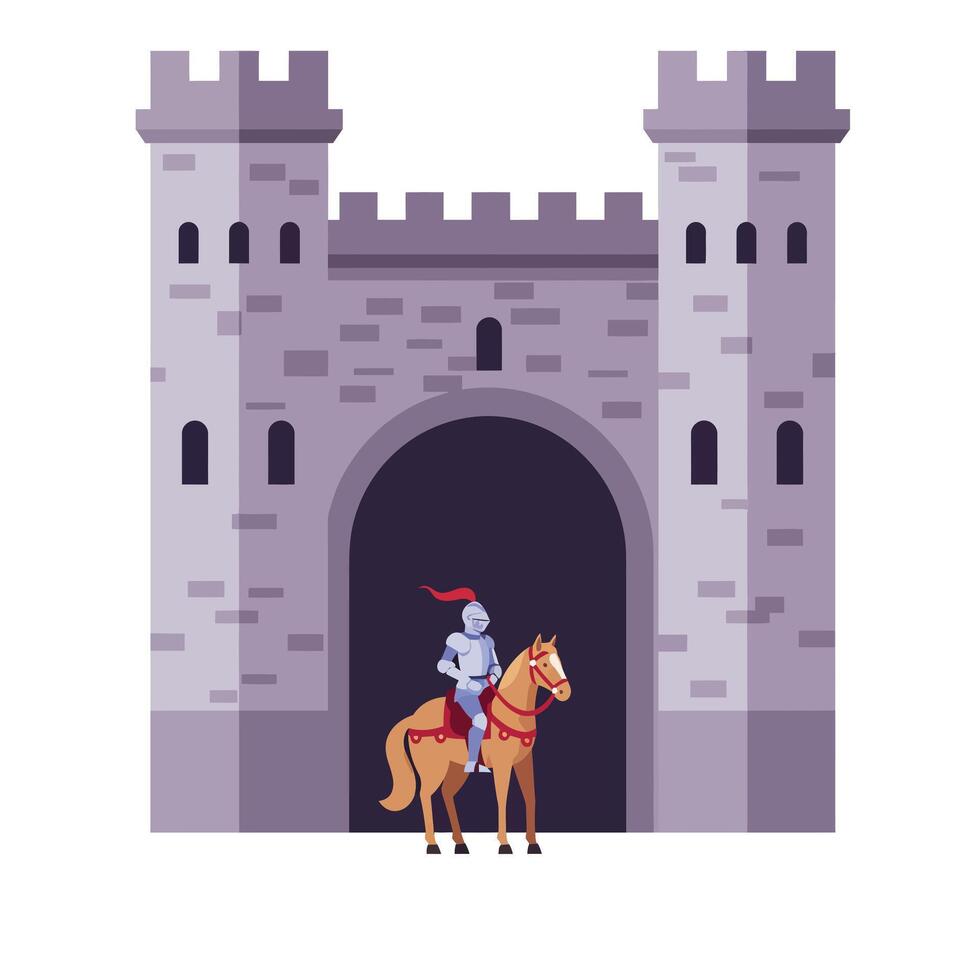 Knight on Horseback in Front of Castle Gate in Flat Art vector