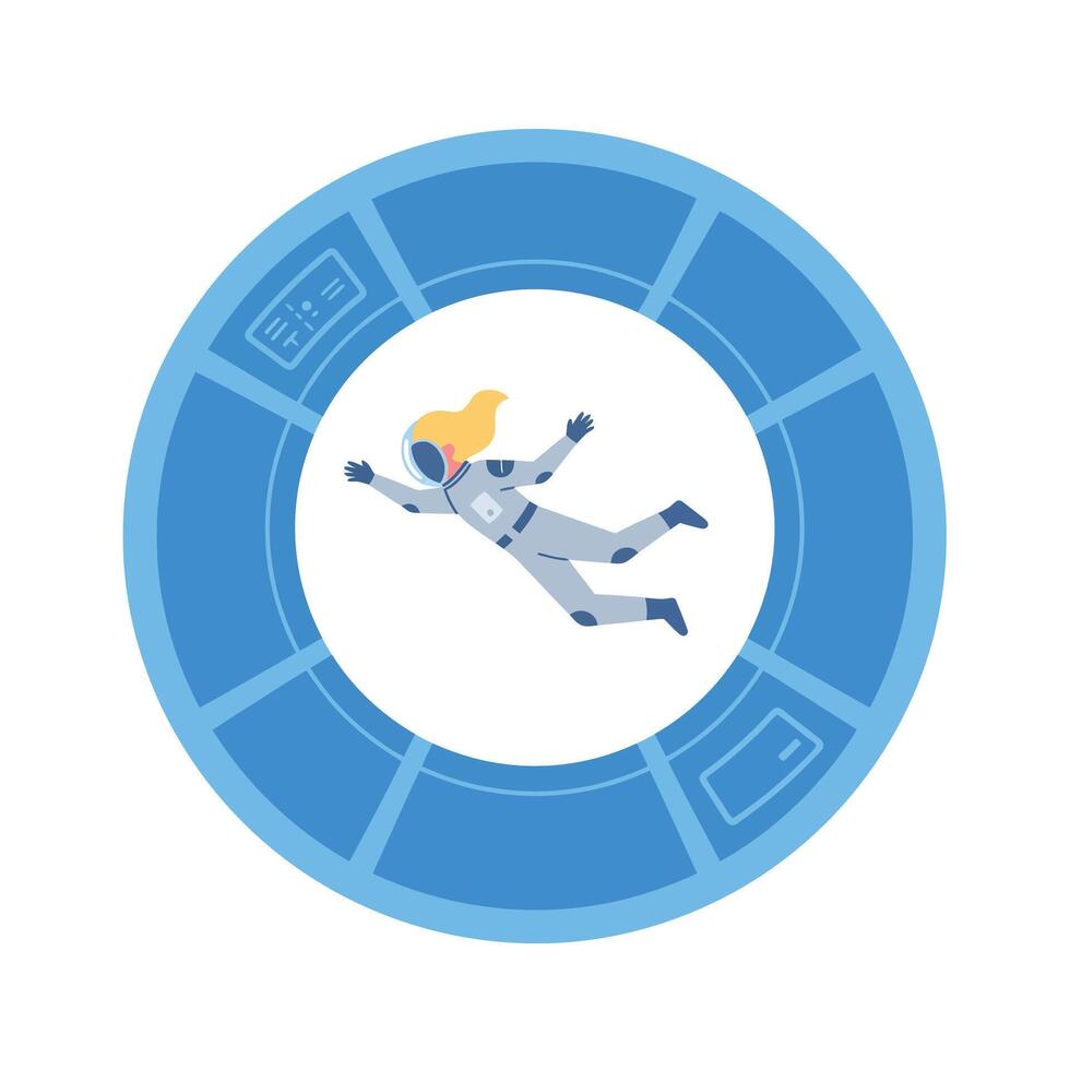 Astronaut floating in circular space station design with flat colors and minimal details art vector