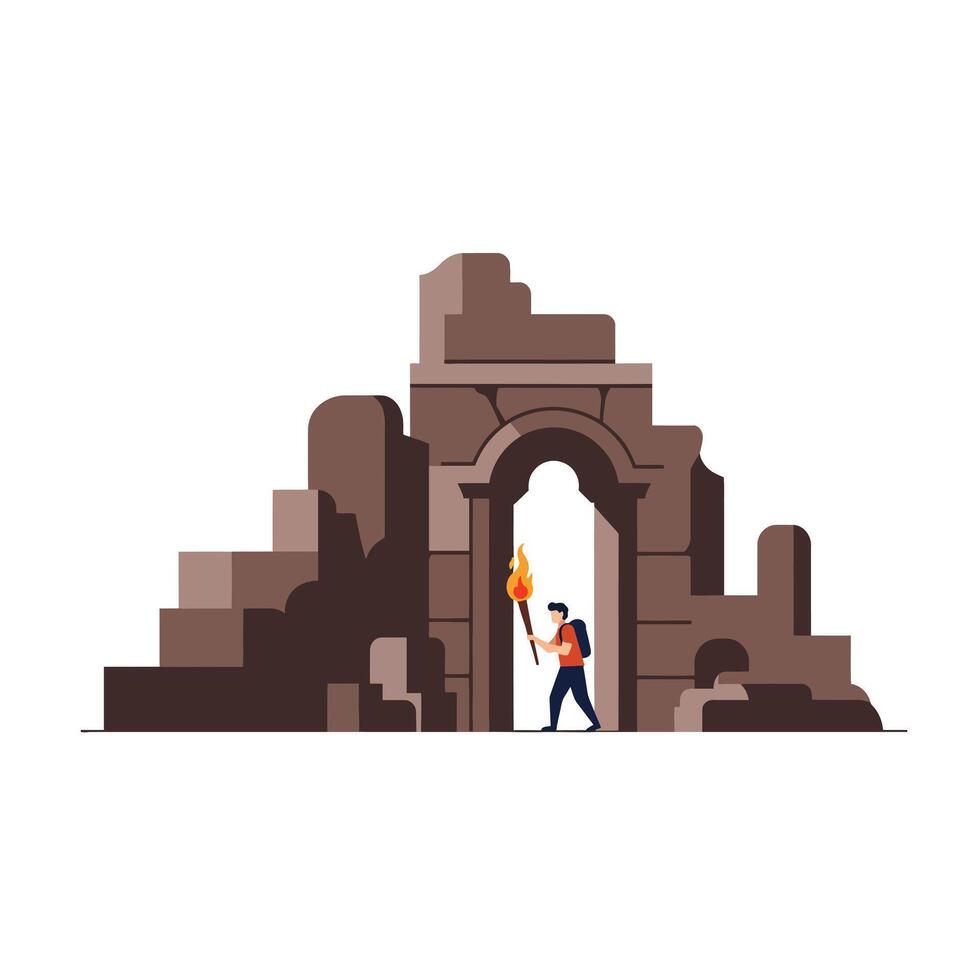 Adventurer exploring ancient ruins with torch in flat illustration vector