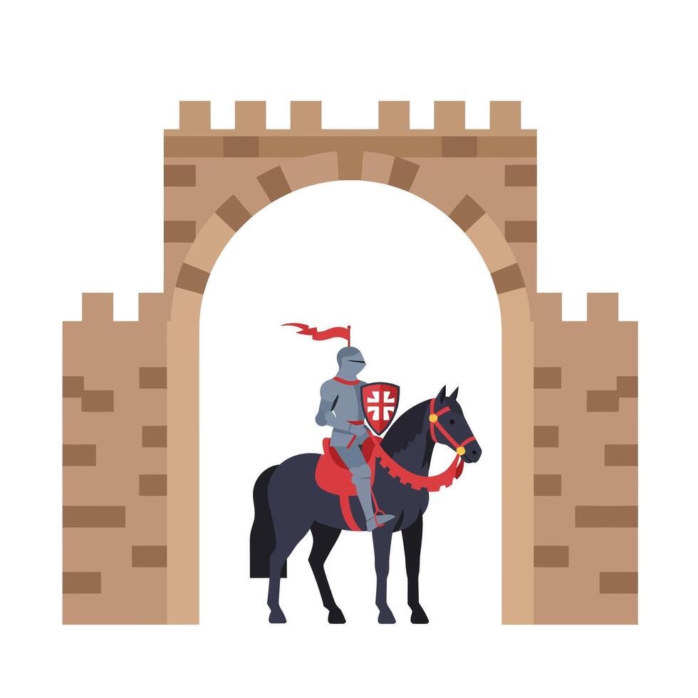 Knight on Horseback Under Medieval Archway in Flat Art Style vector