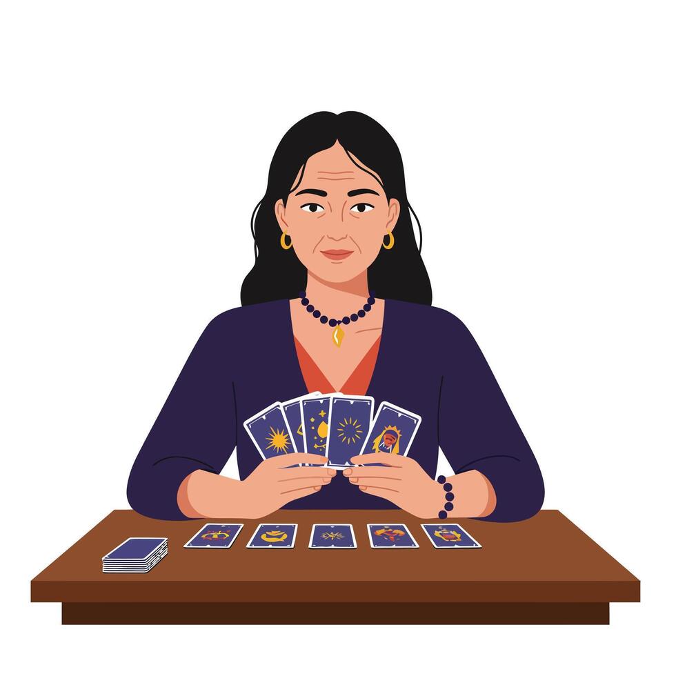 Tarot card reader with detailed illustrations and vibrant colors in art vector