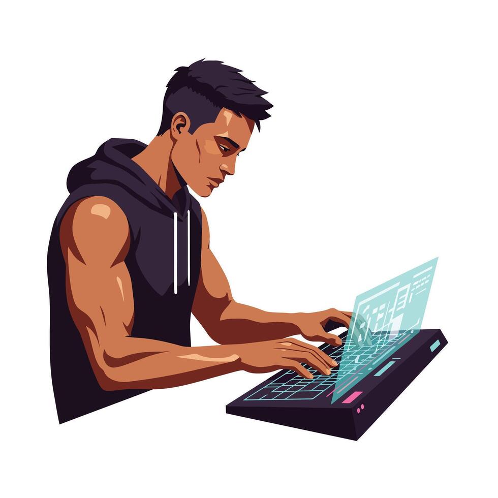 Young man working on futuristic keyboard in flat illustration vector