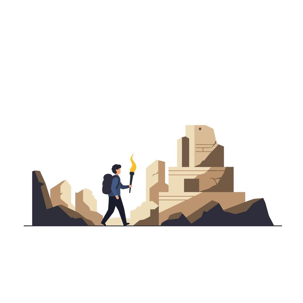 Adventurous hiker exploring ancient ruins in minimal flat art vector