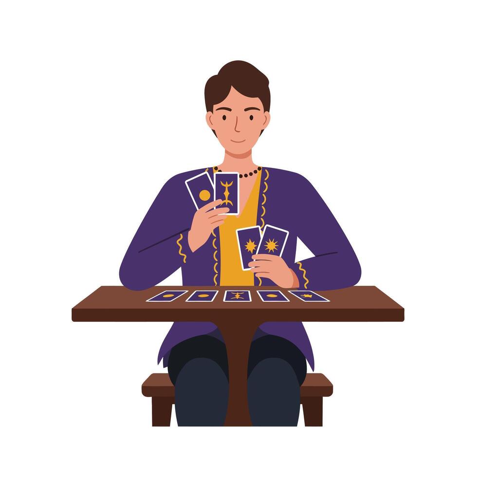 Tarot card reader in purple attire with detailed flat illustration vector