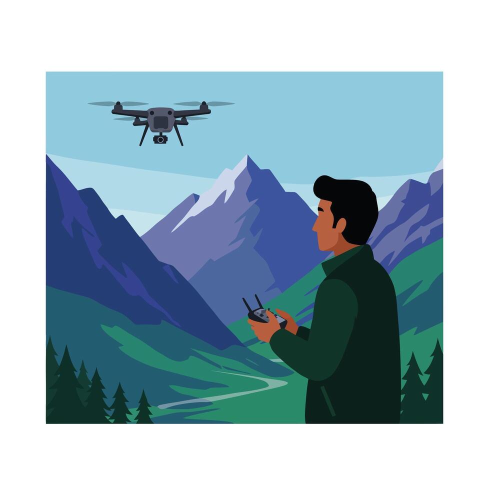 Man operating drone in mountainous landscape with flat design art vector