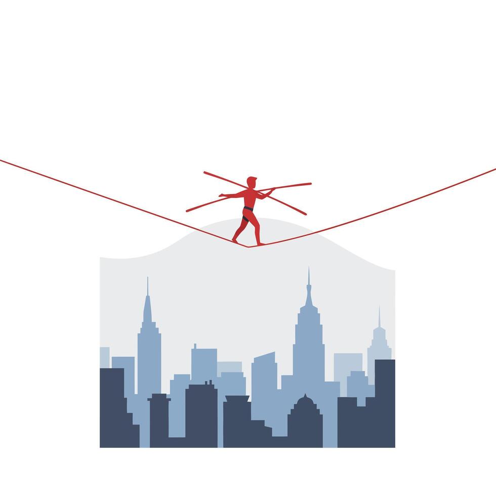 Tightrope walker balancing above city skyline in minimal art vector
