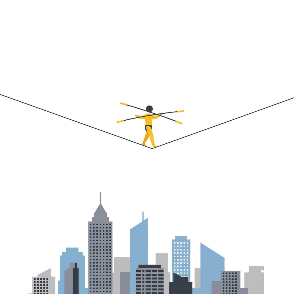 Tightrope walker balancing above a city skyline in flat art vector