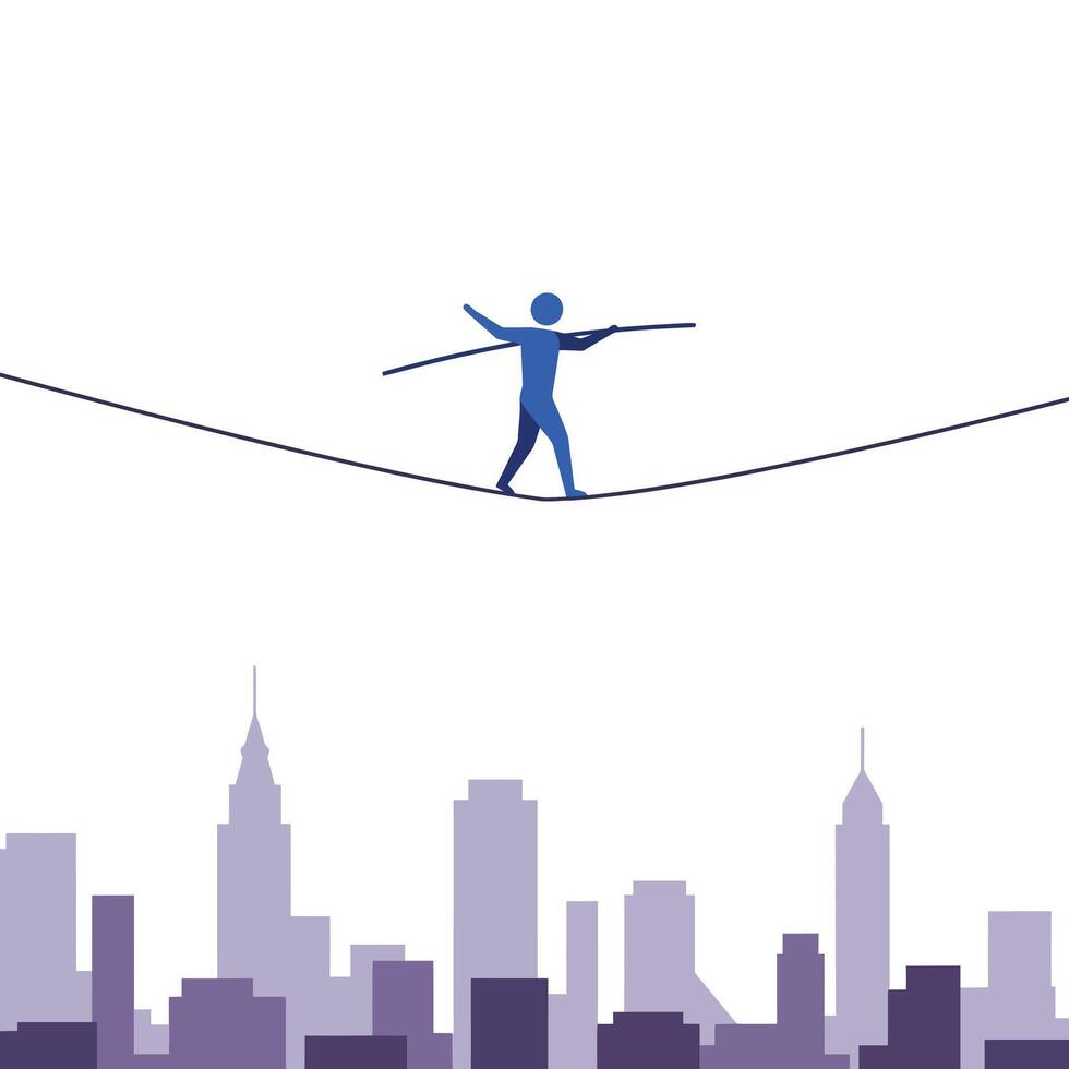 A tightrope walker balancing above city skyline in minimal art vector