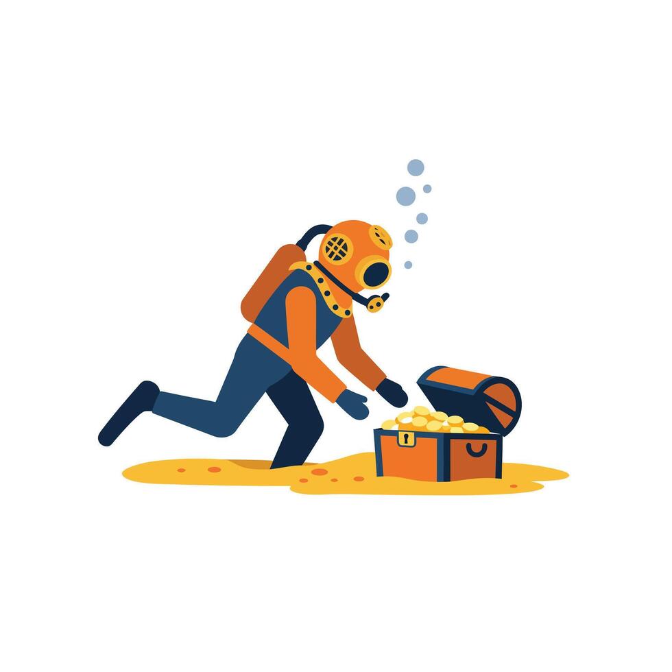 Diver retrieving treasure from chest in flat art style vector