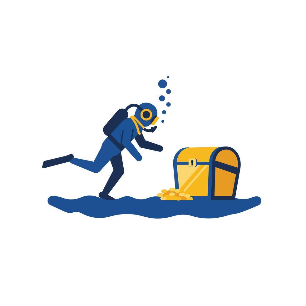 Diver searching for treasure chest underwater in flat art vector