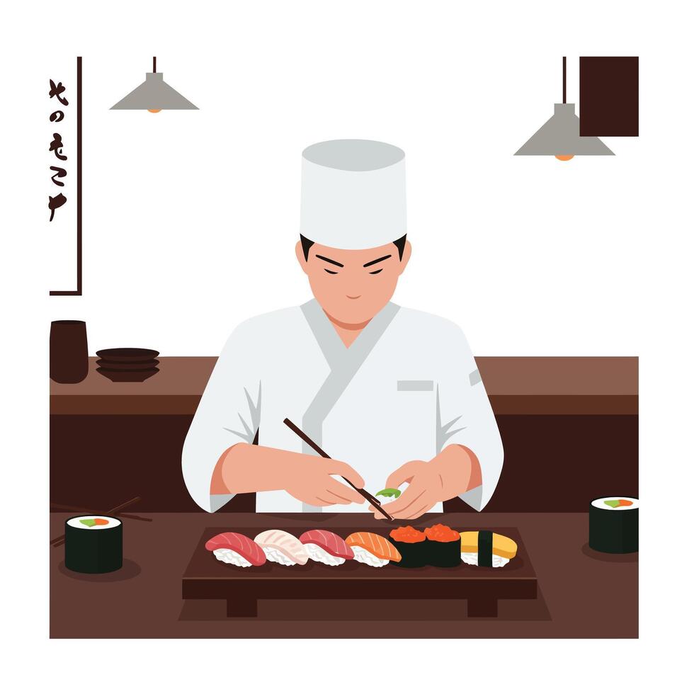 Sushi chef preparing beautiful sushi assortment in flat art style illustration vector