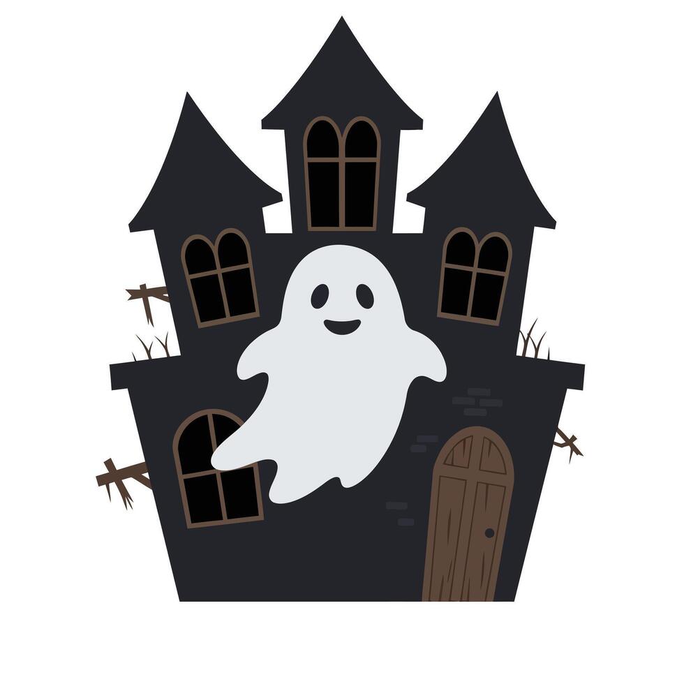 Ghost floating near spooky haunted house in flat art vector