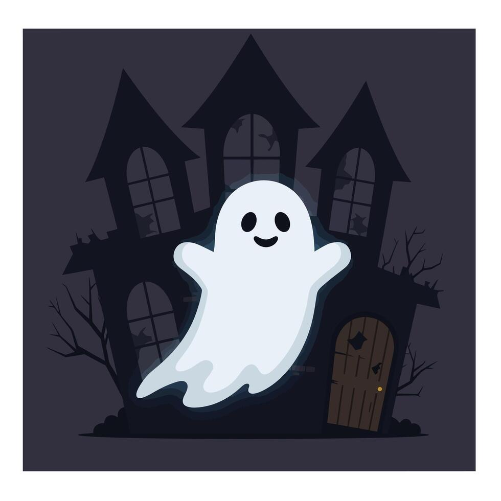 Cute ghost character floating in front of spooky house flat art vector