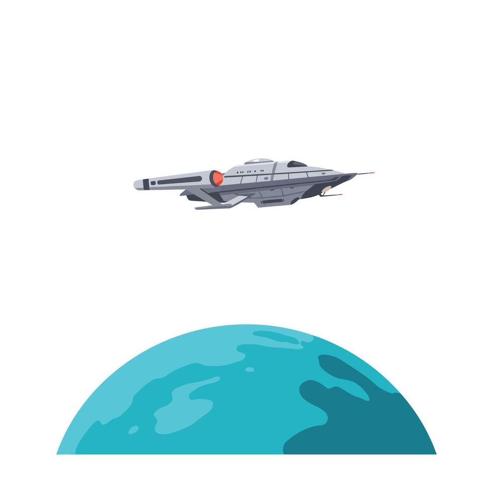 Futuristic spaceship gliding above a vibrant blue planet in flat art vector