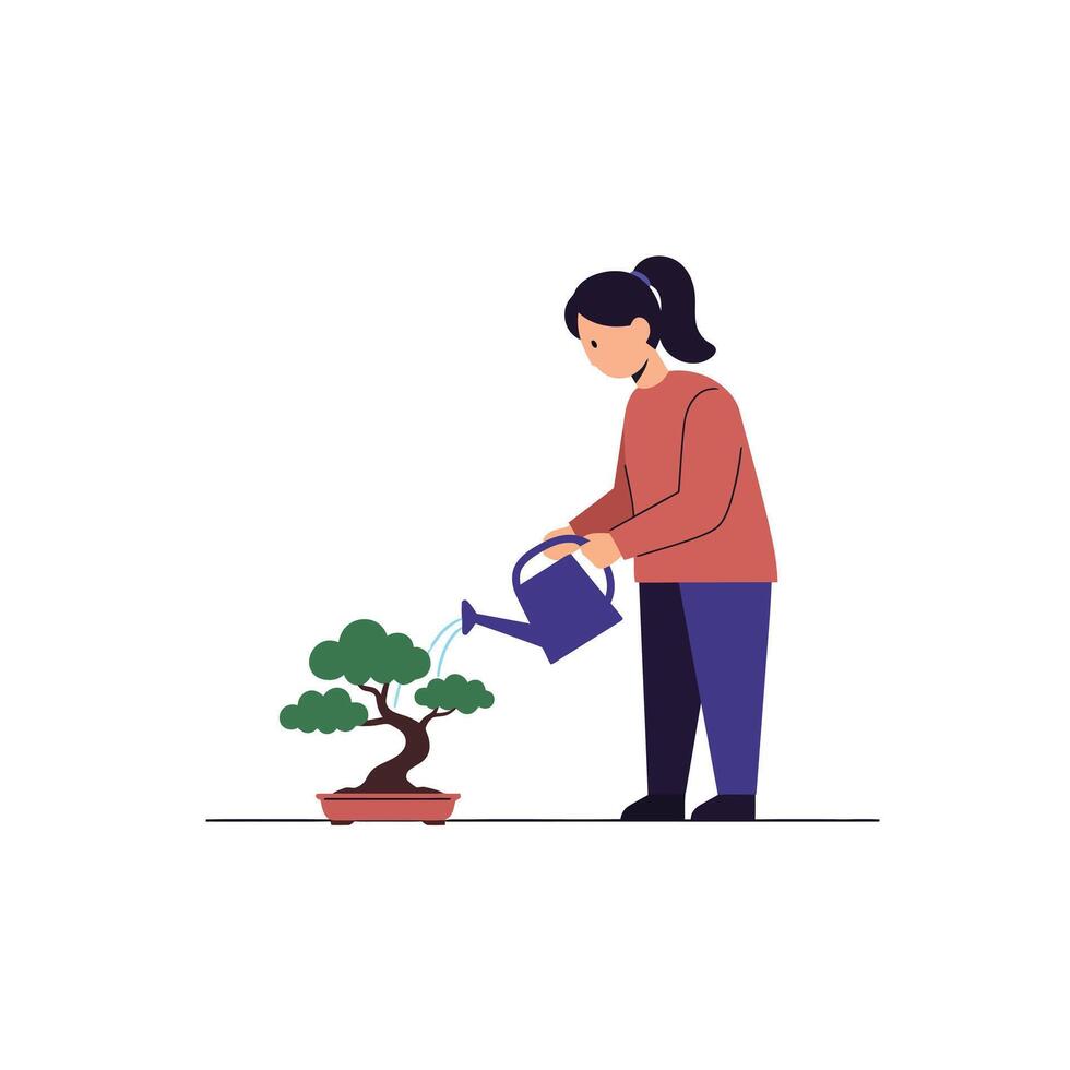 Person watering a bonsai tree in a minimal flat art style illustration vector