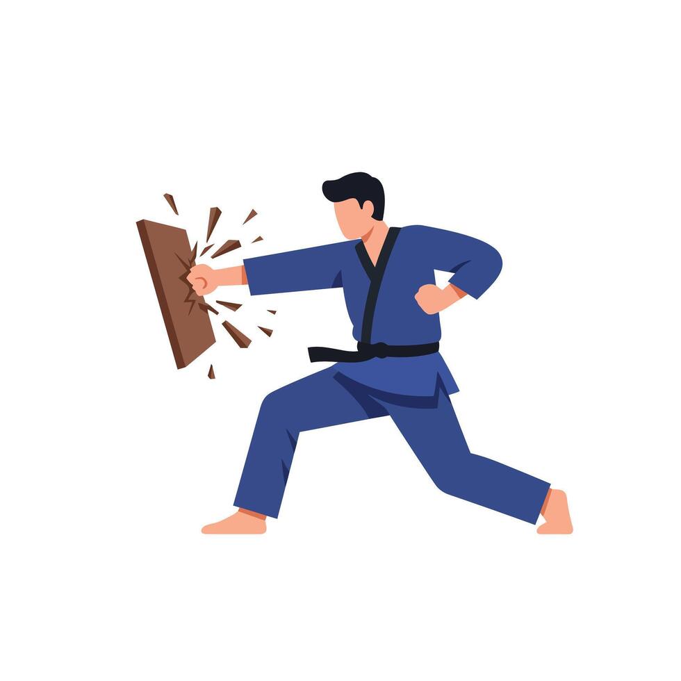 Martial artist breaking board in action, flat design illustration vector