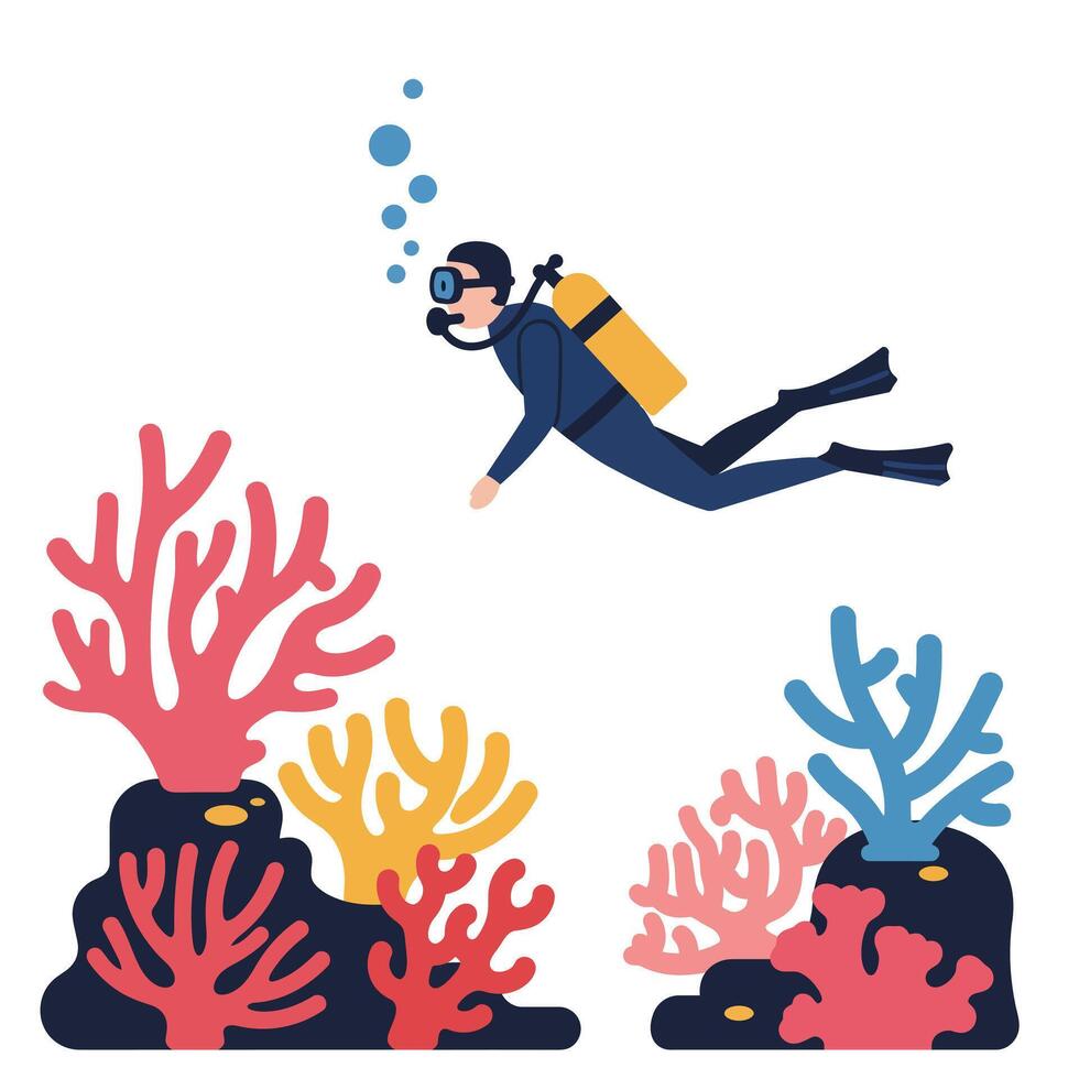 Scuba diver exploring colorful coral reef in flat art style illustration vector