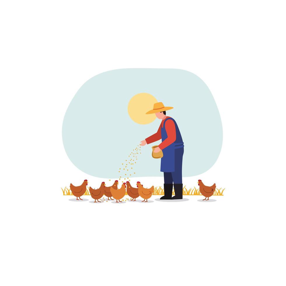 Farmer feeding chickens in flat design style art vector