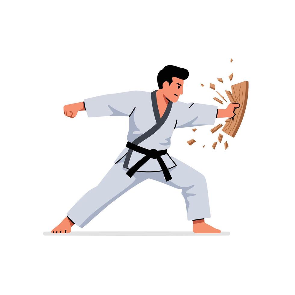 Karate practitioner breaking board in dynamic pose flat illustration vector
