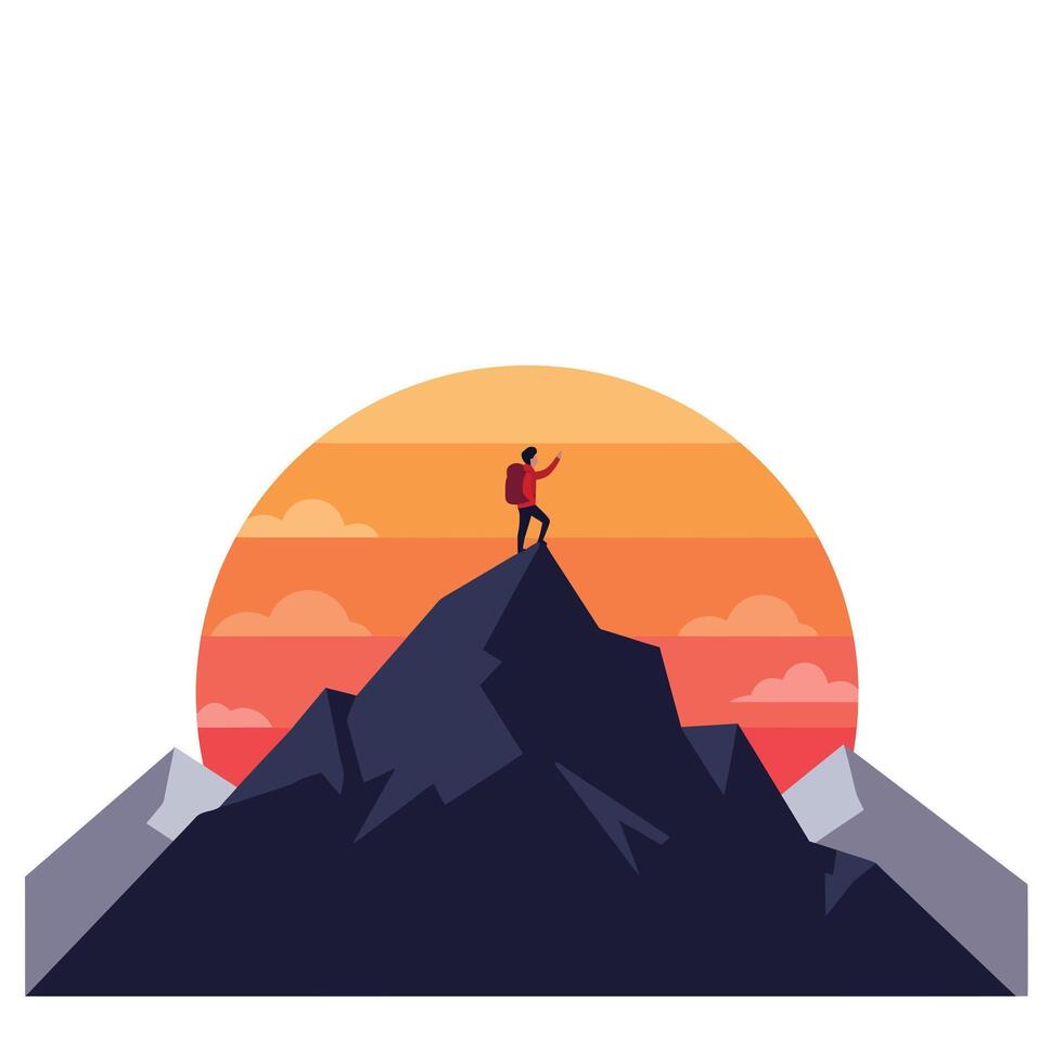 Hiker standing on mountain peak during sunset in flat art vector