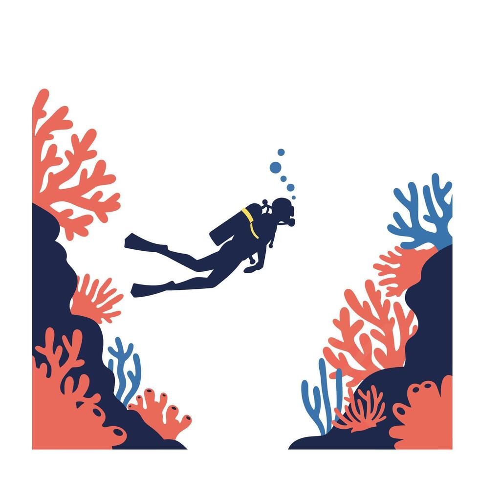 Diver exploring vibrant coral reefs in minimal flat illustration vector