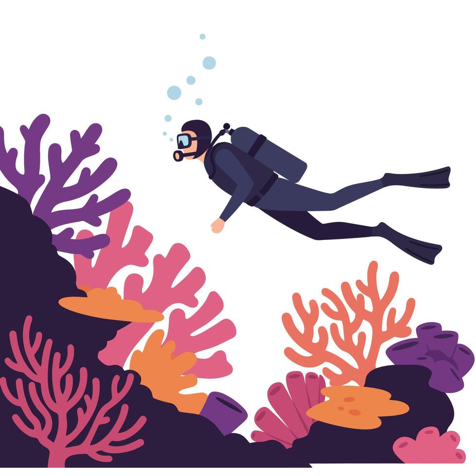 Diver exploring vibrant coral reef in flat art style illustration vector