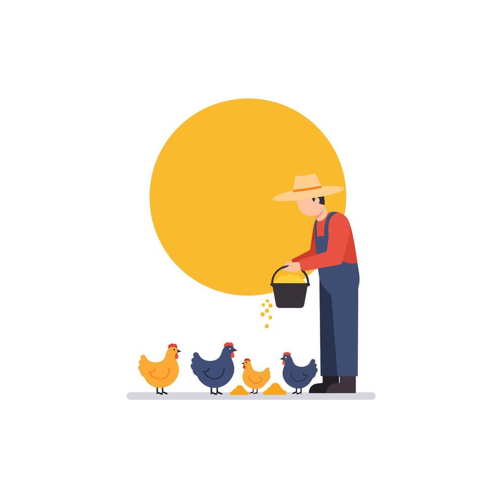Farmer feeding chickens under a bright sun in a flat illustration vector