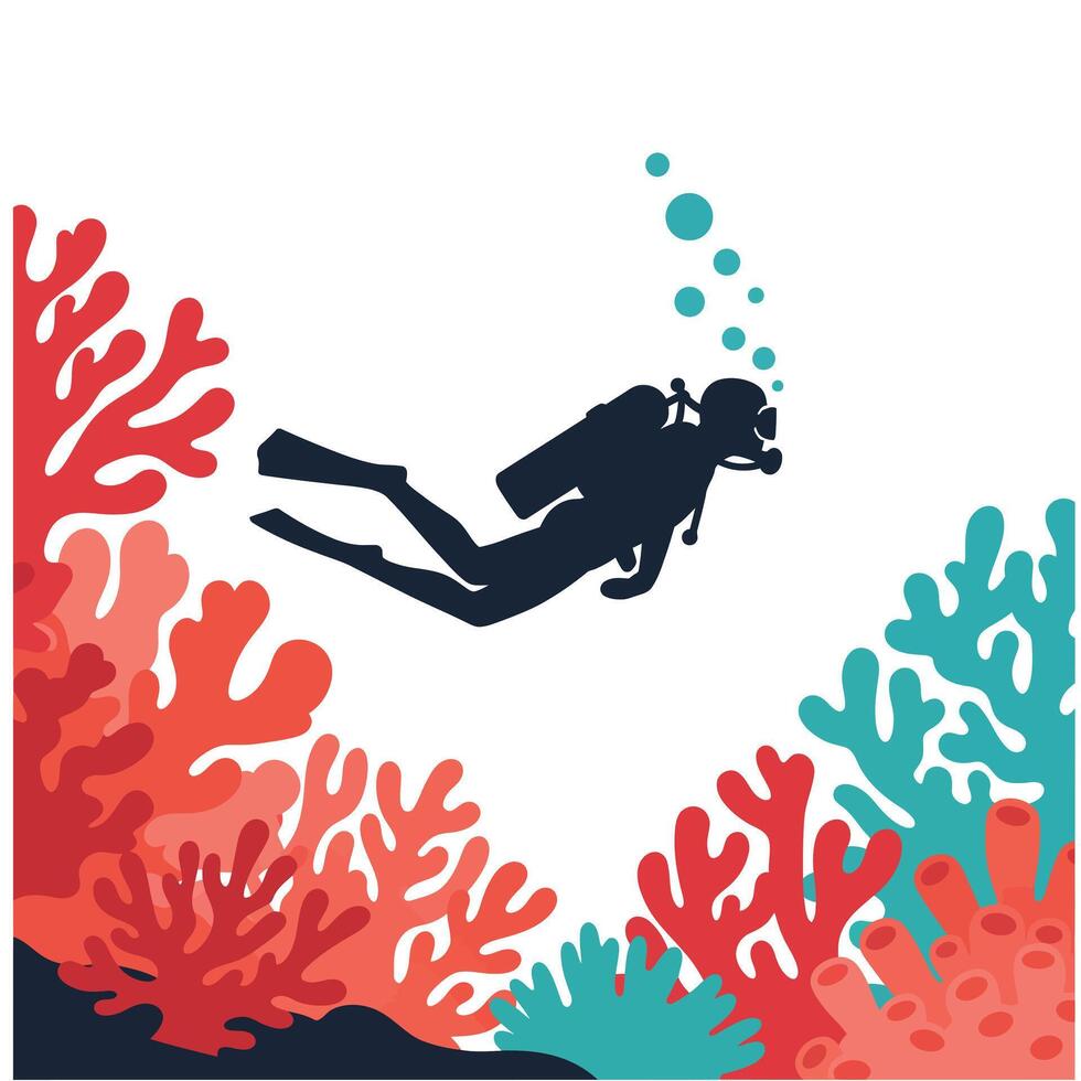 Diver swimming among vibrant coral reefs in flat style art vector