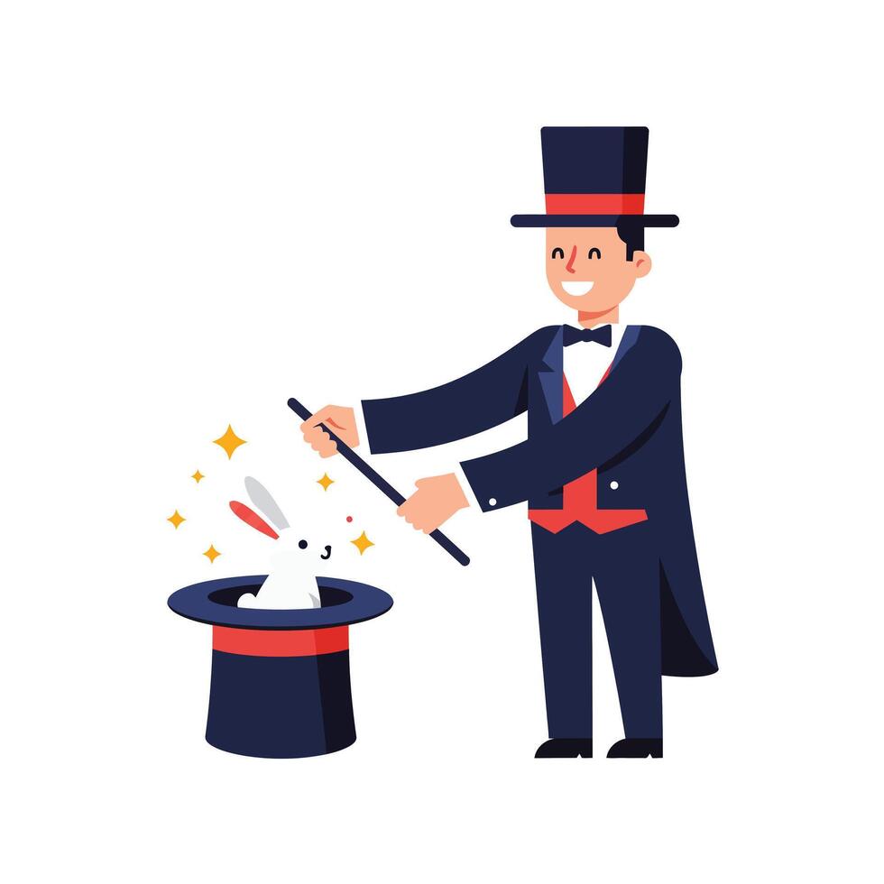 Magician performing a magic trick with a rabbit in a top hat flat art vector