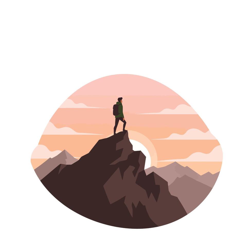 Hiker on Mountain Peak at Sunrise in Flat Minimal Art vector