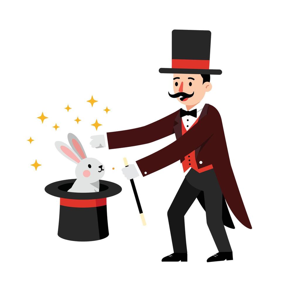 Magician performing magic trick with rabbit and top hat in flat art vector