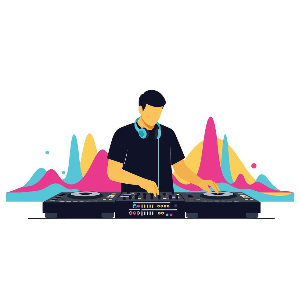DJ performing live with colorful sound waves in flat art vector