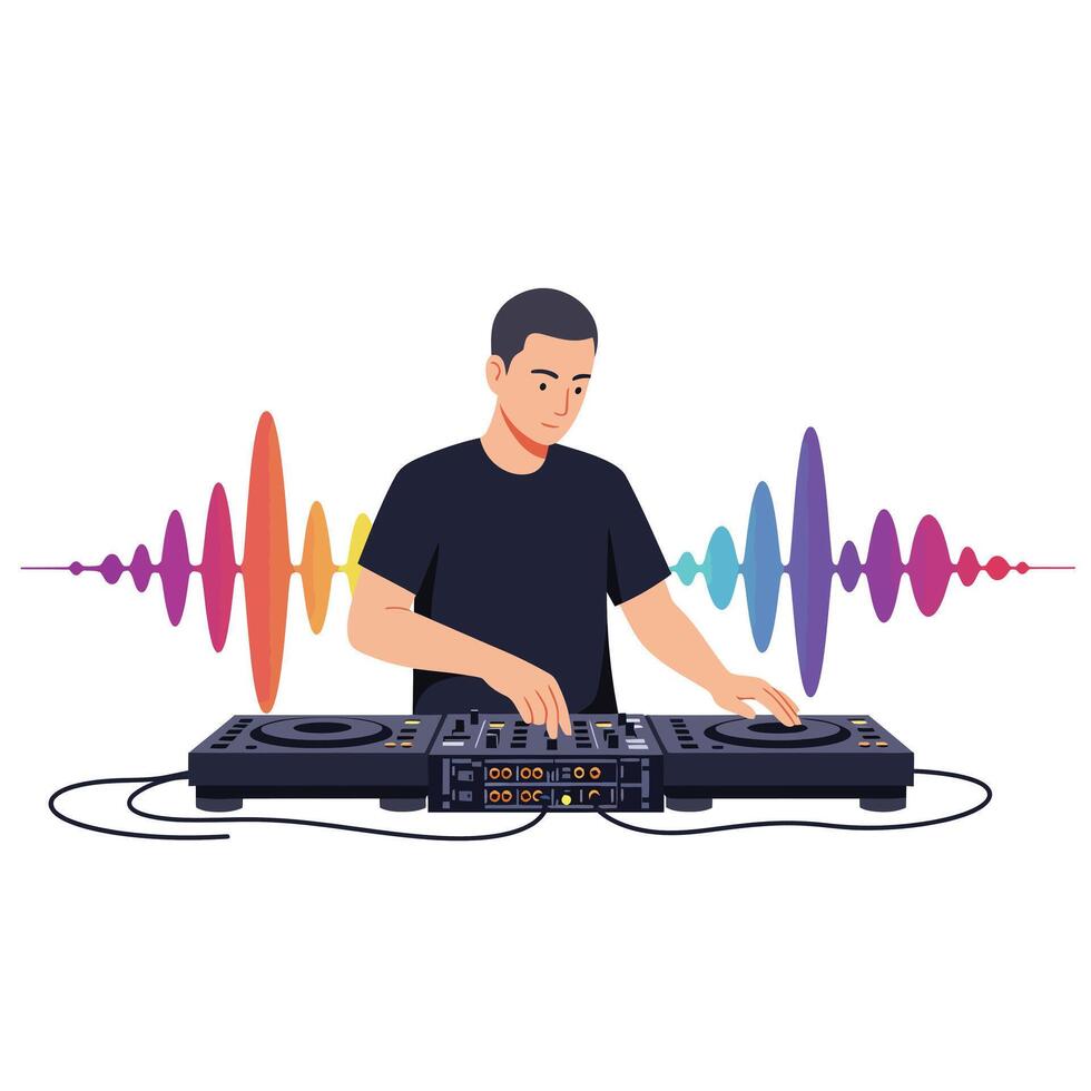 DJ mixing music with colorful sound waves in flat illustration vector