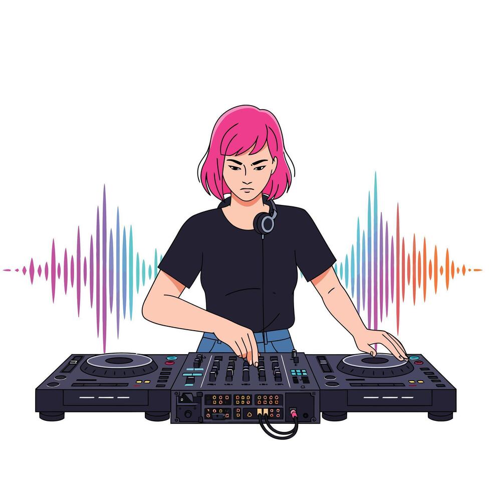Female DJ performing with colorful sound waves in flat art vector