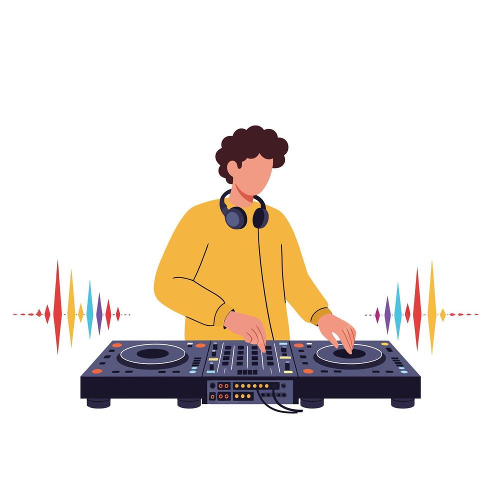 DJ mixing music with turntables and headphones in flat art vector