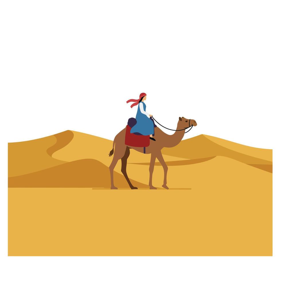 Camel riding through golden desert landscape in flat art vector