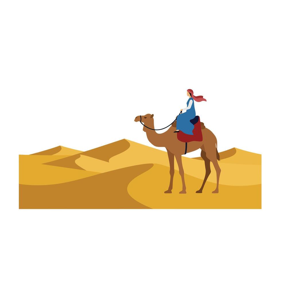 Camel rider traversing sandy dunes in flat design art vector