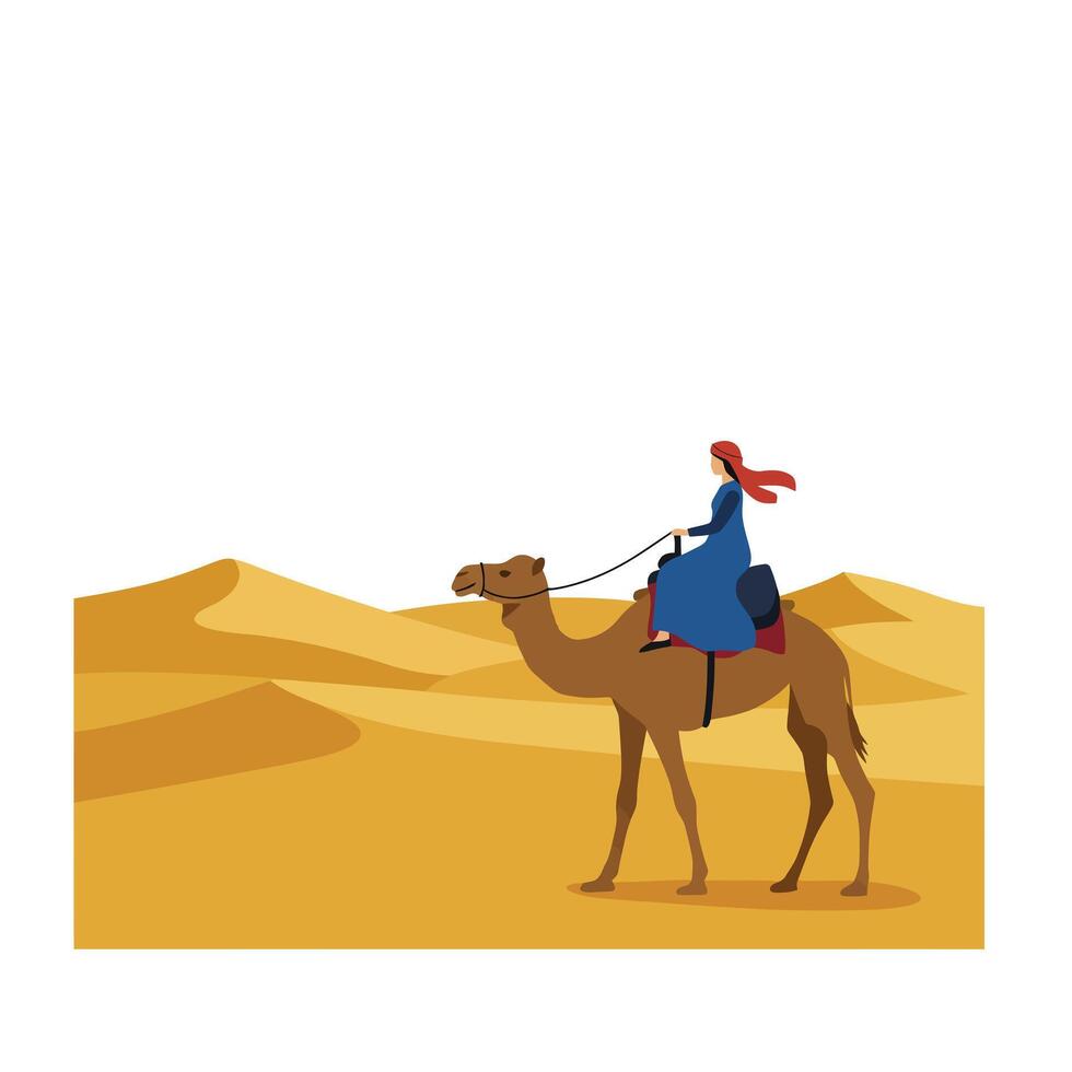 Camel rider traversing sandy dunes in flat minimalist art vector